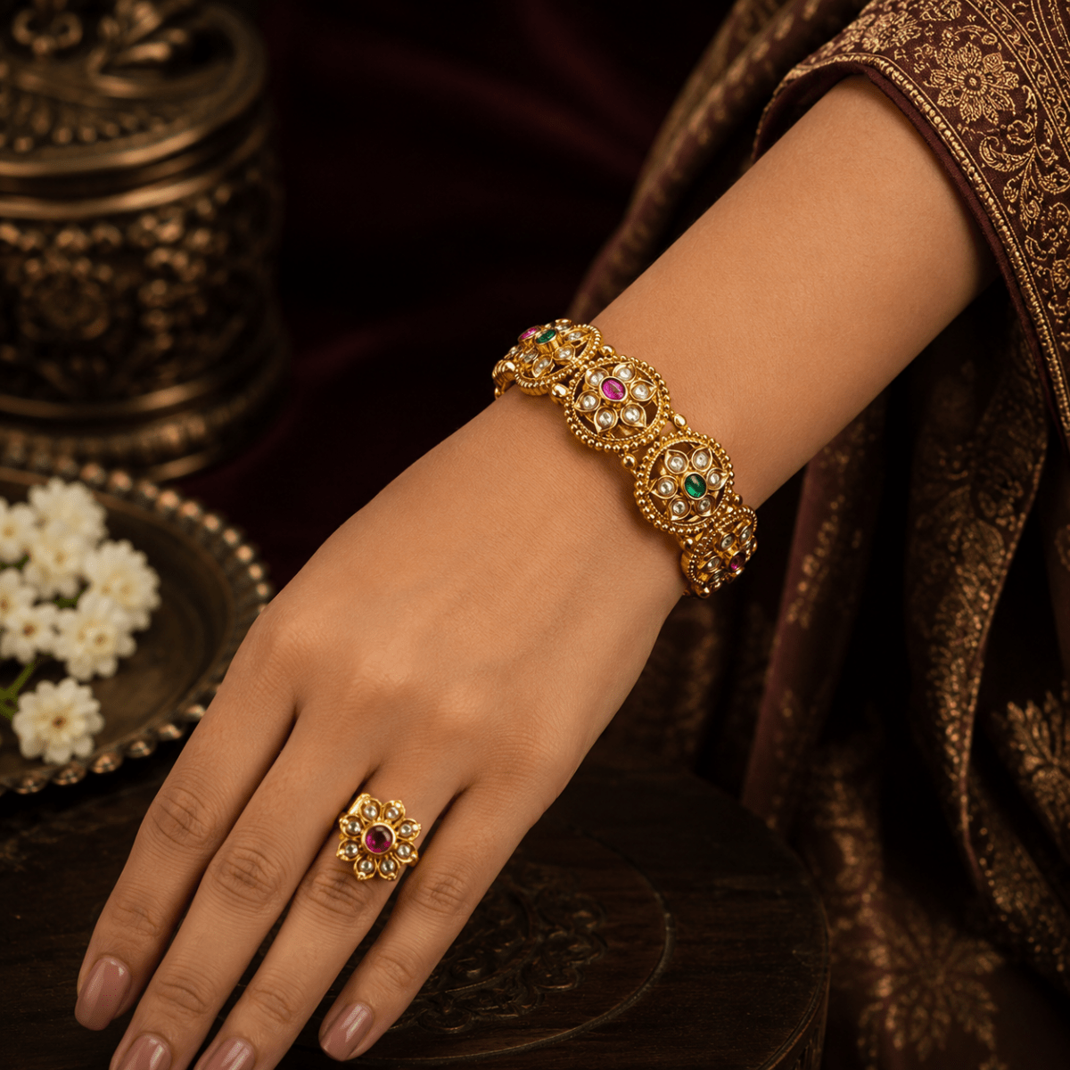 Traditional Floral Ruby Green Stone Gold Plated Designer Bangle for Women - Madhushrea collection