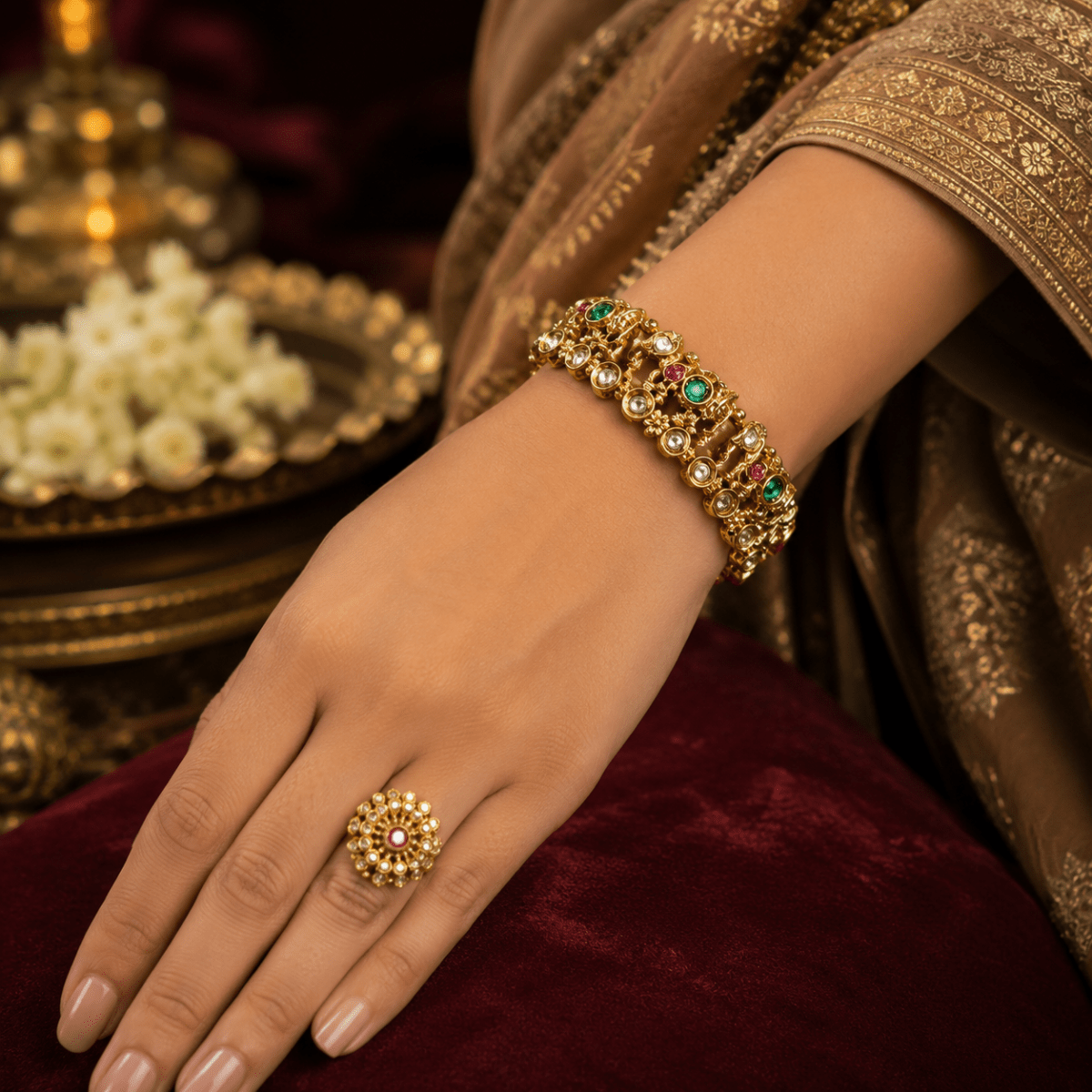 Traditional Gold Plated Ruby Emerald Designer Bangle for Women - Madhushrea collection