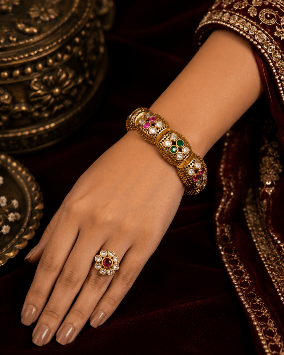 Traditional Ruby Green Stone Gold Plated Designer Kada Bangle for Women - Madhushrea collection
