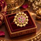 Rajwada antique gold floral ring displayed in premium maroon jewellery box