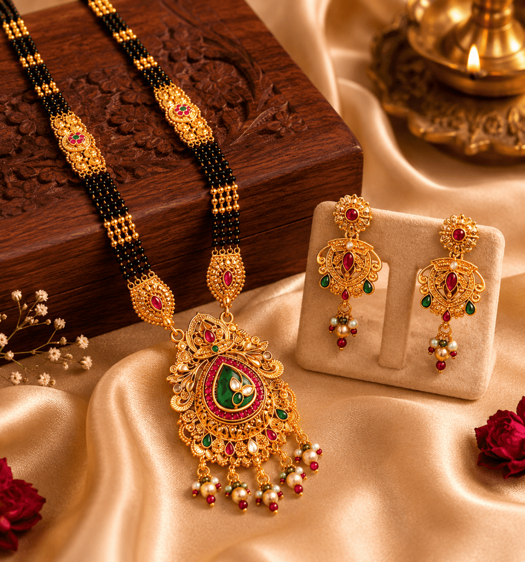 Wedding Special Traditional Mangalsutra Set | Premium Long Necklace with Matching Earrings - Madhushrea collection