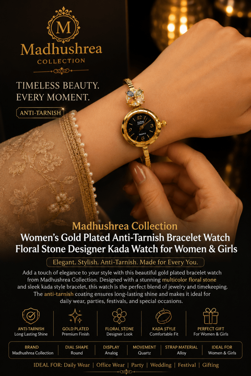 Women's Luxury Gold Plated Anti-Tarnish Bracelet Watch with Multicolor Floral Stone | Stylish Kada Watch for Women & Girls - Madhushrea collection